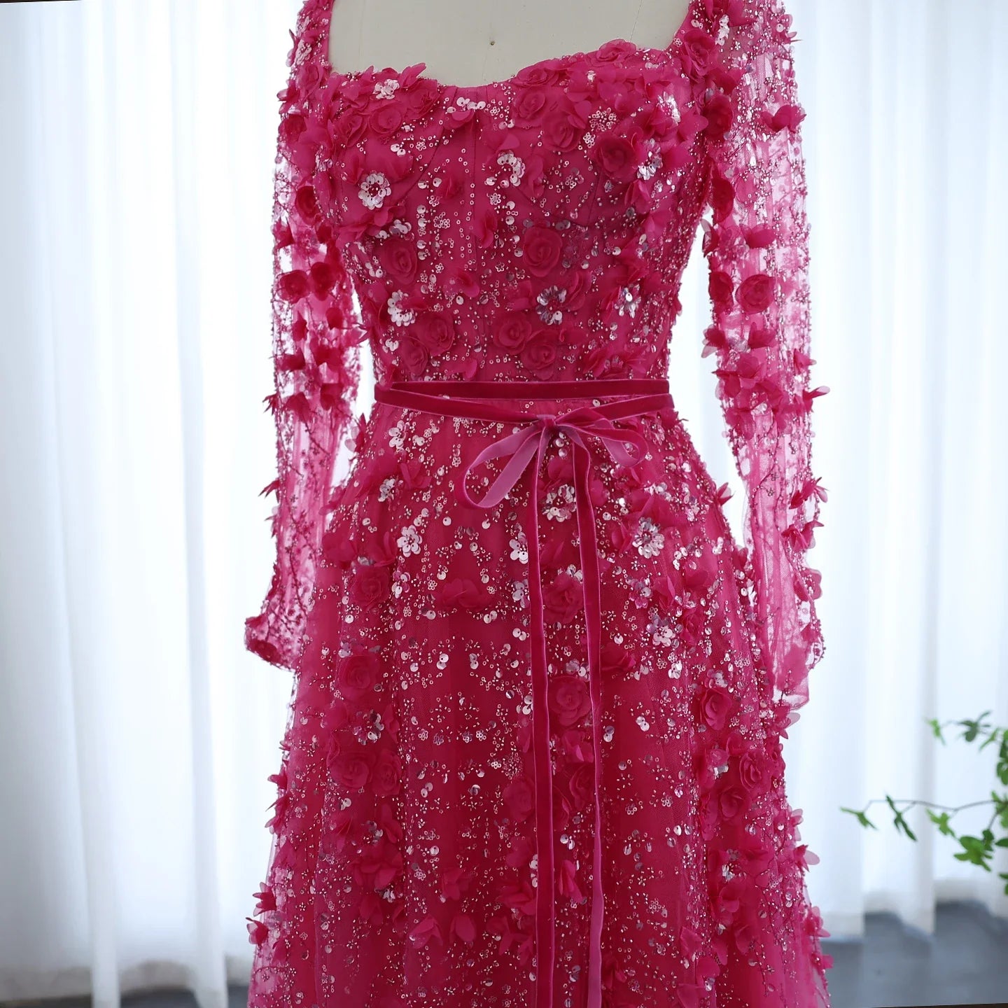 3D Floral A-Line Evening Gown Long Sleeves
