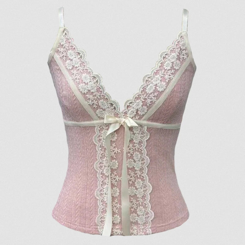 Ribbon Bow Lace Trim Camisole Tops