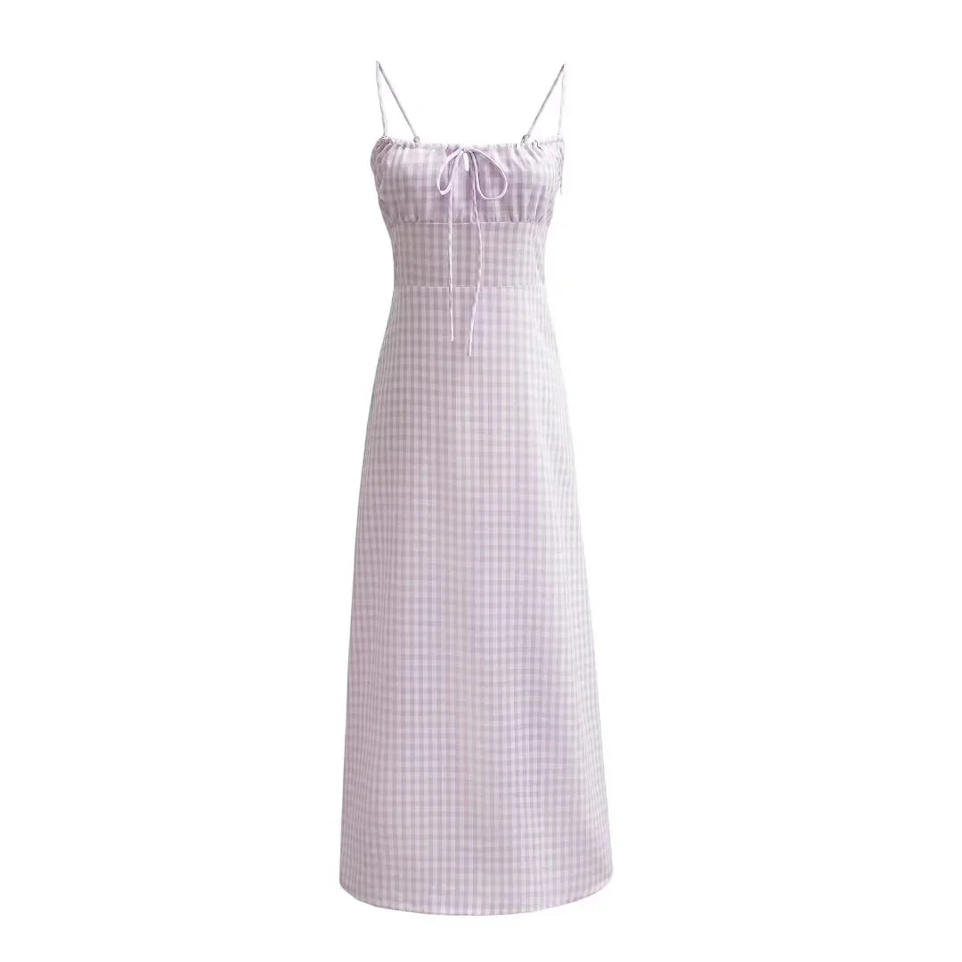 Spaghetti Strap Tie Up Plaid Pink Midi Dress