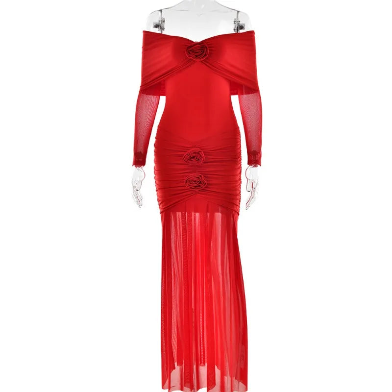 3D Flower-appliqué Mesh Long Sleeve Fishtail Maxi Dress