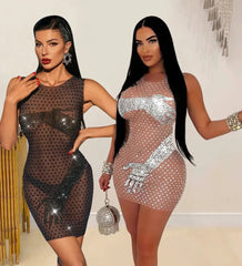 Mesh Rhinestone Round Neck Sleeveless Mini Dress