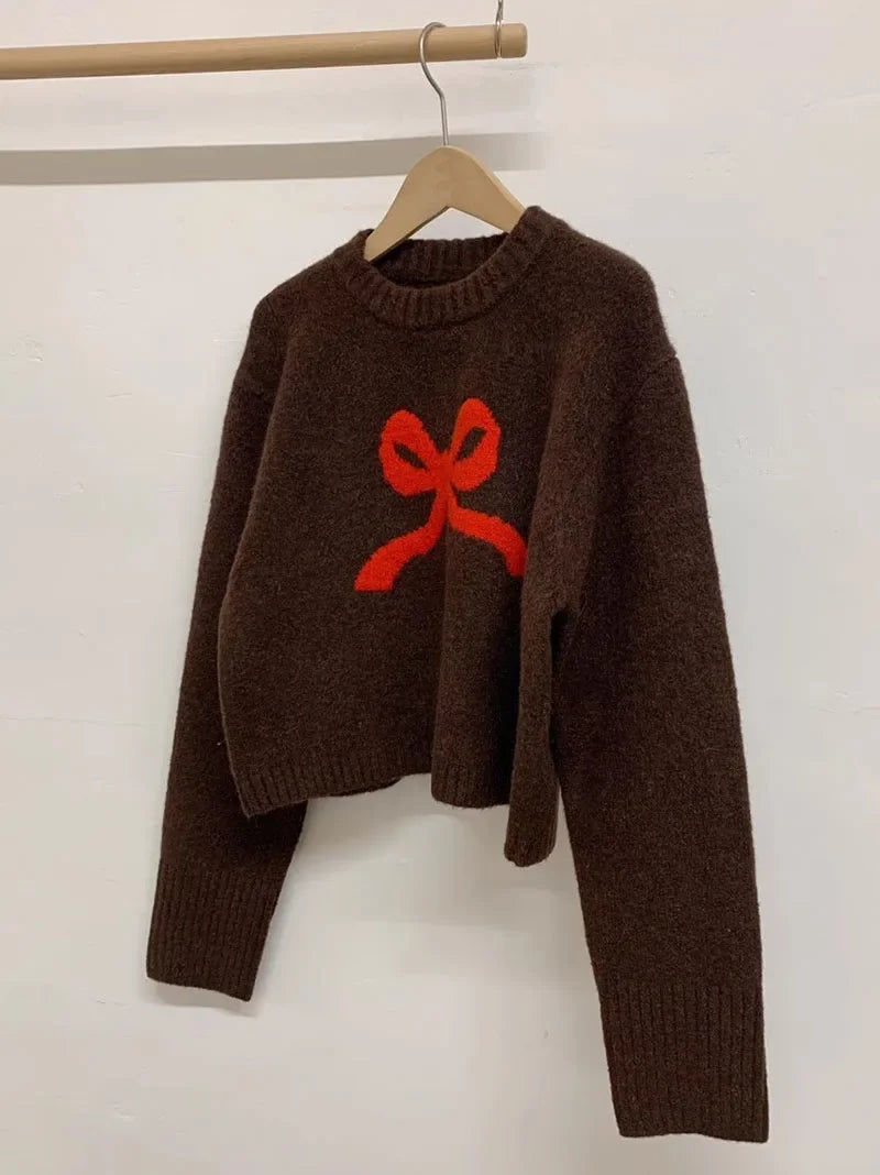 Cute Bow Knitted O neck Long Sleeve Sweater