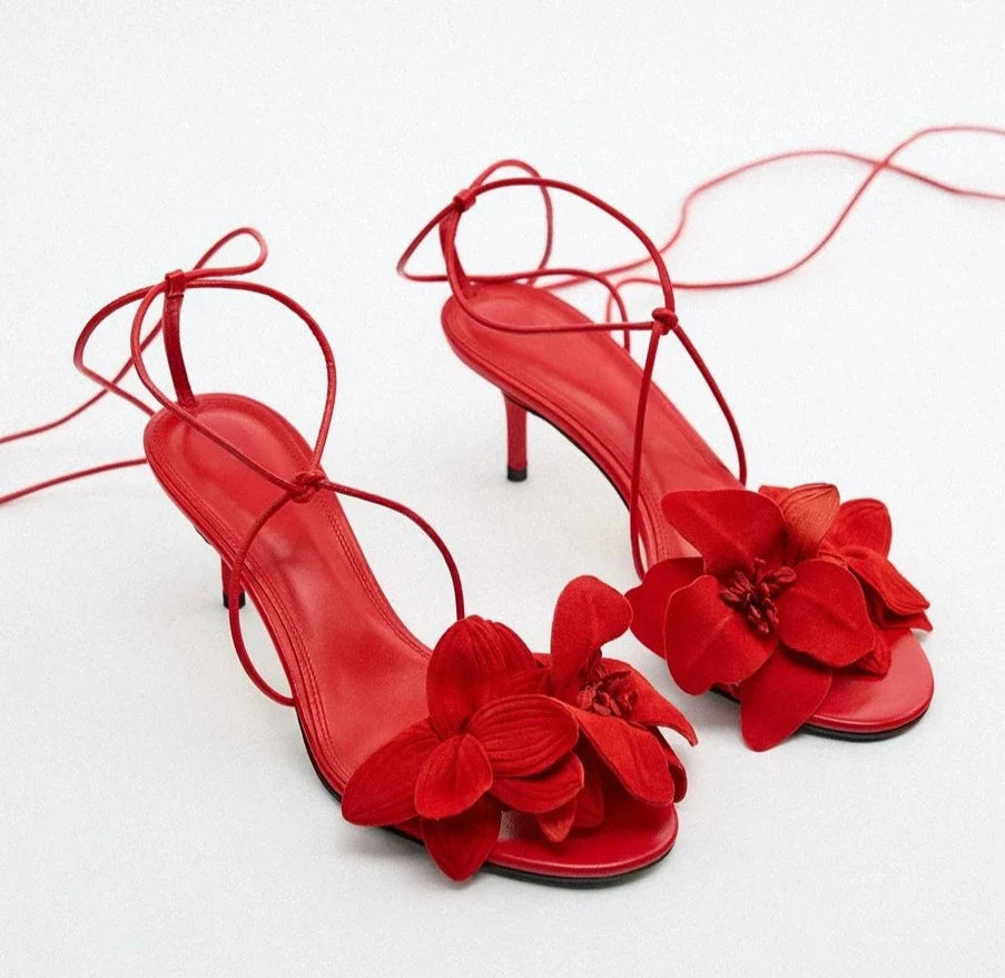 Red 3D Flowers Lace Up Stiletto Heel Shoes