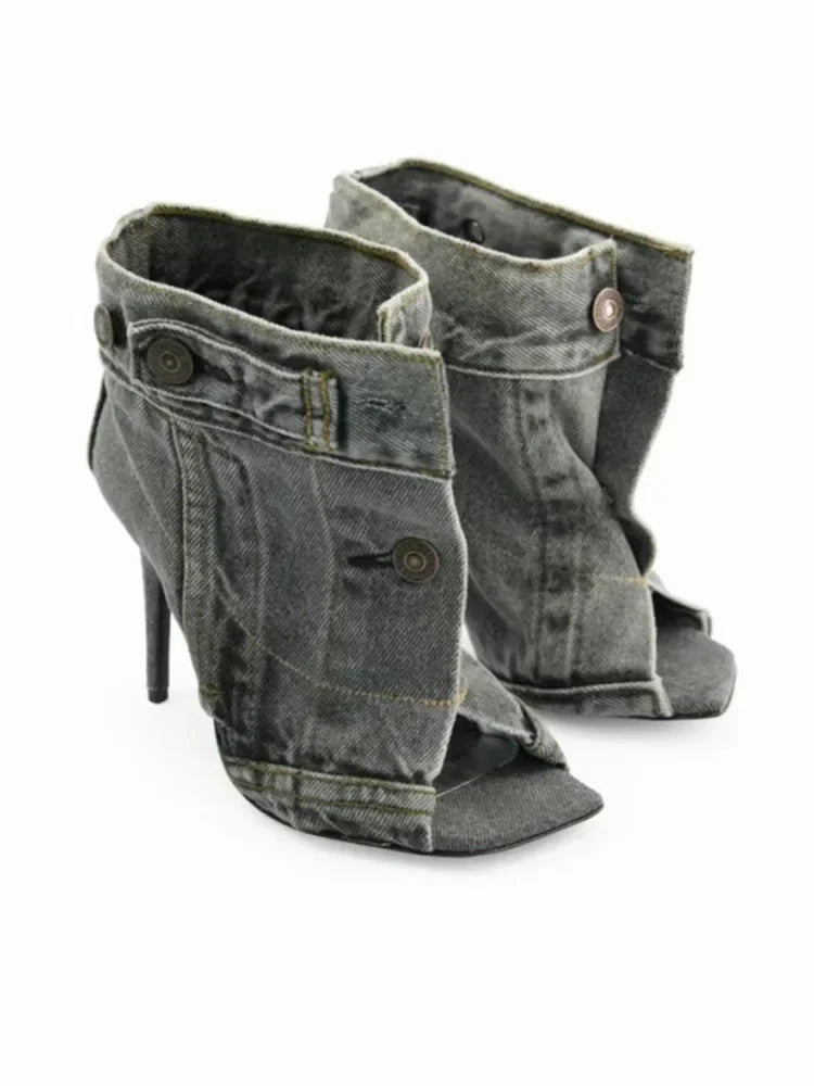 Denim Slim High Heel Button Sandals