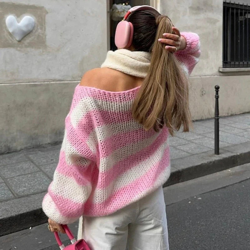 Striped Loose Fit Knitted Long Sleeve Sweater