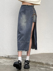 Asymmetrical Lace Side Split Denim Long Skirt