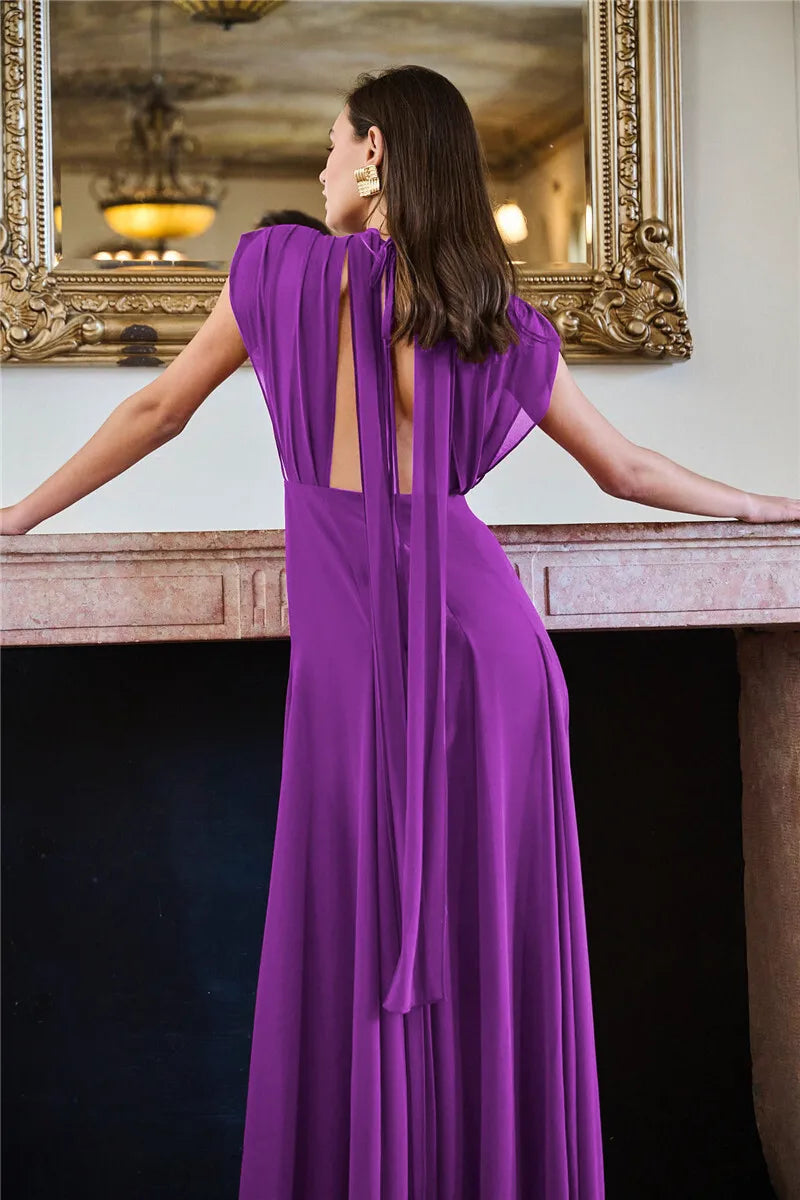 Deep V Purple Maxi Dress High Slit