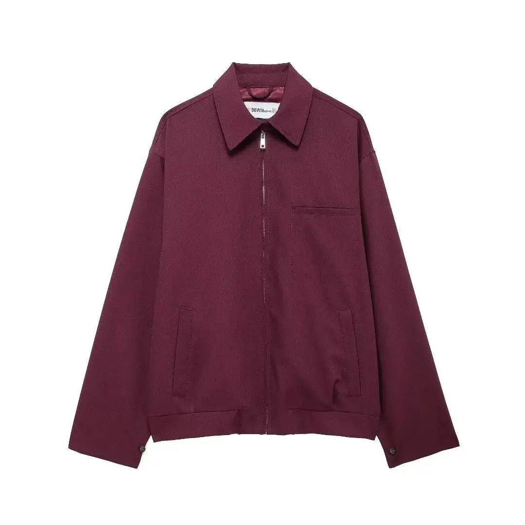Zipper Lapel Burgundy Color Jacket and Skirt Suit