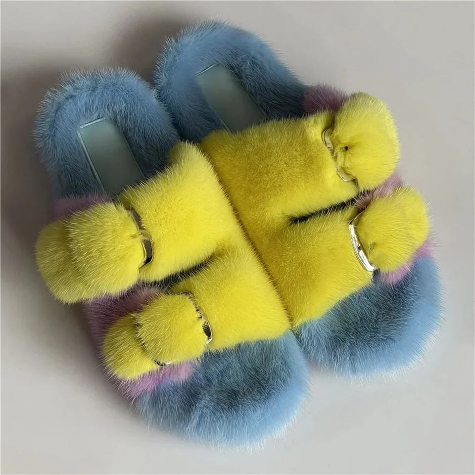 Mink Fur Flat Round Head Slippers