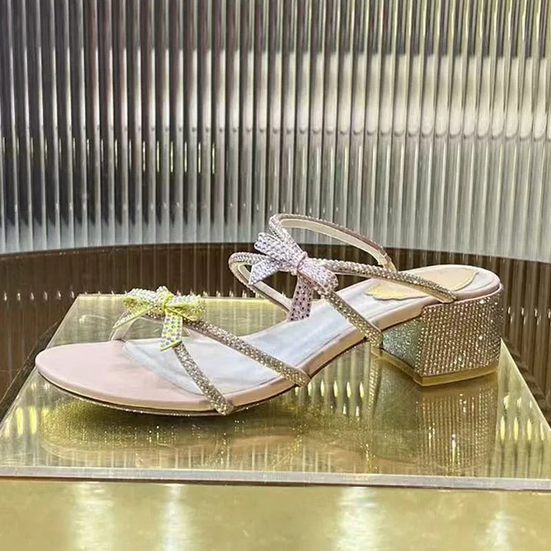 Square Heels Crystal Butterfly-knot Party Shoes