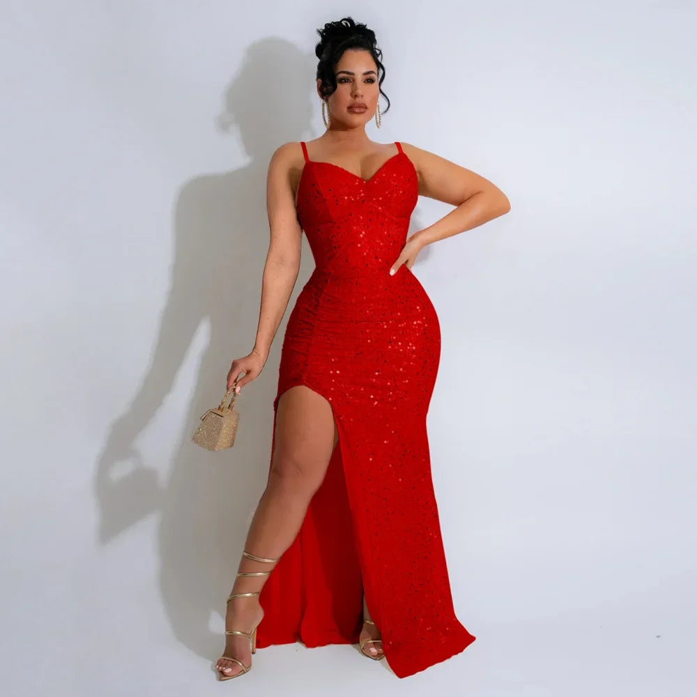 Sequined High Side Split Mermaid Maxi Dress