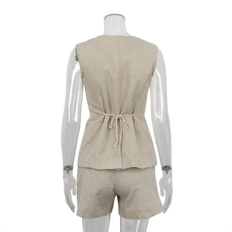 Lace-Up Sleeveless Top and High Waist Shorts Set