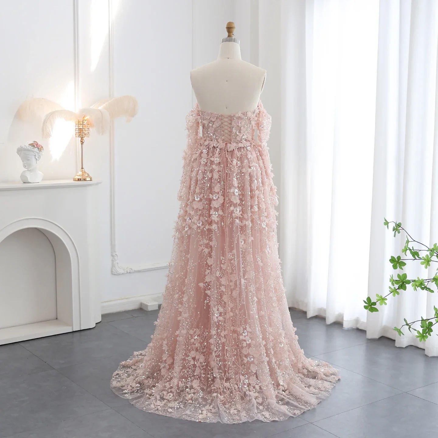 3D Flowers Evening Dress with Overskirt Long Sleeves