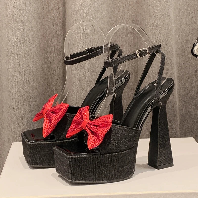 Denim Square Toe Butterfly-Knot Platform Chain Buckle Strap Shoes