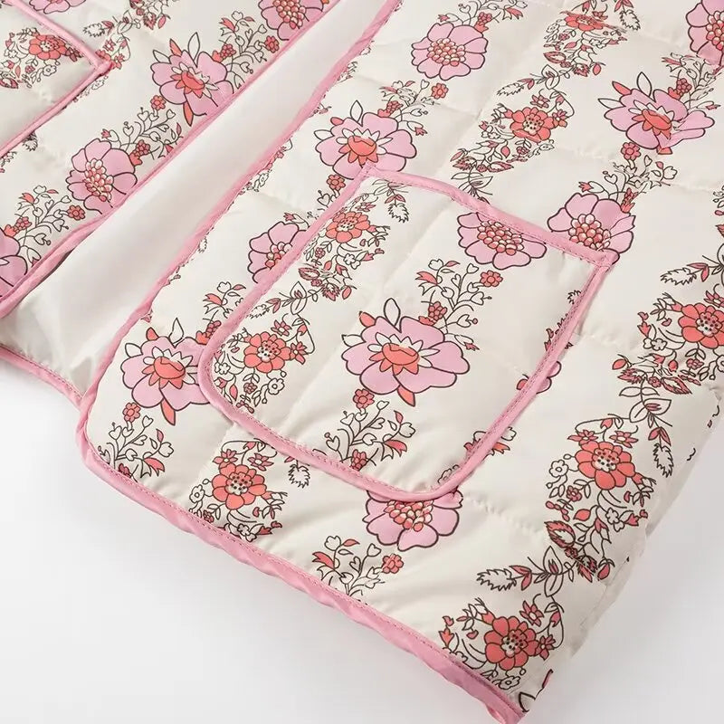 Pink Flower Print Stand neck Quilted Jacket