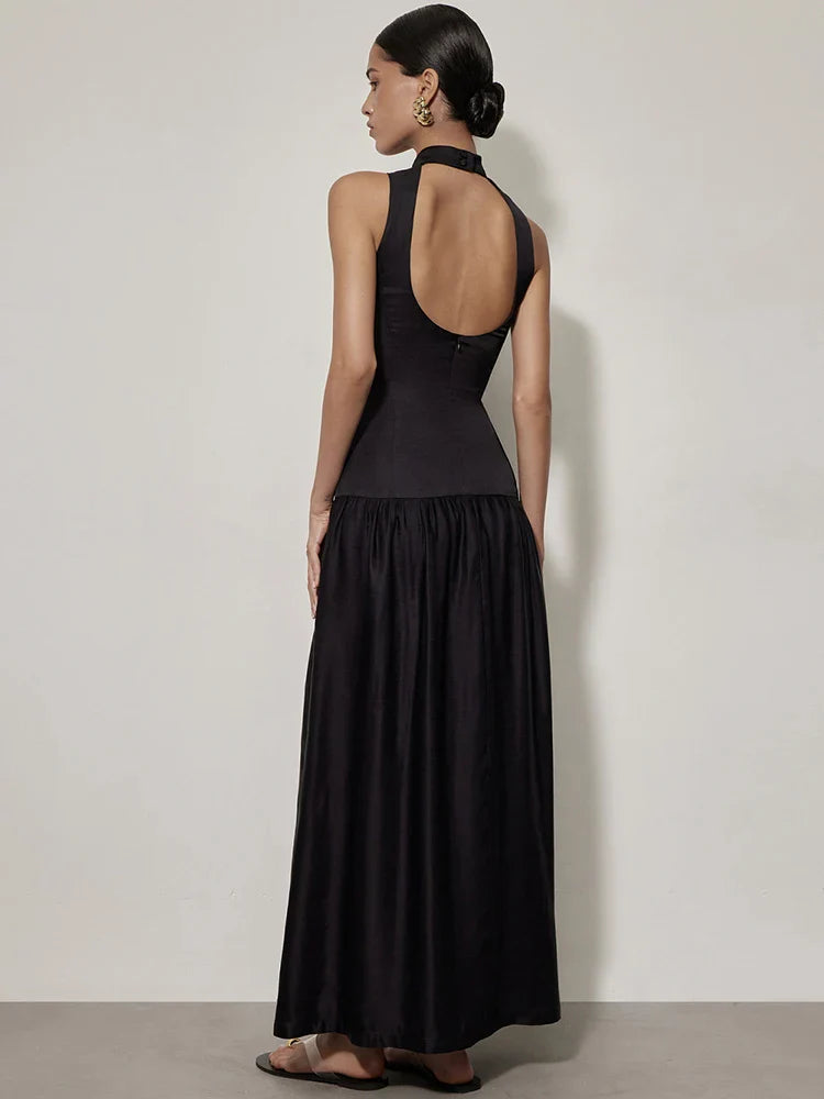 Patchwork Open Back Sleeveless Round Neck Maxi Dress