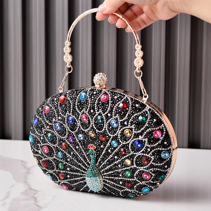 Peacock Pattern Rhinestone Handbag