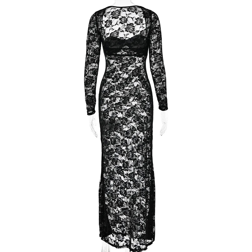 Perspective Lace Hollow Out Bodycon Maxi Dress