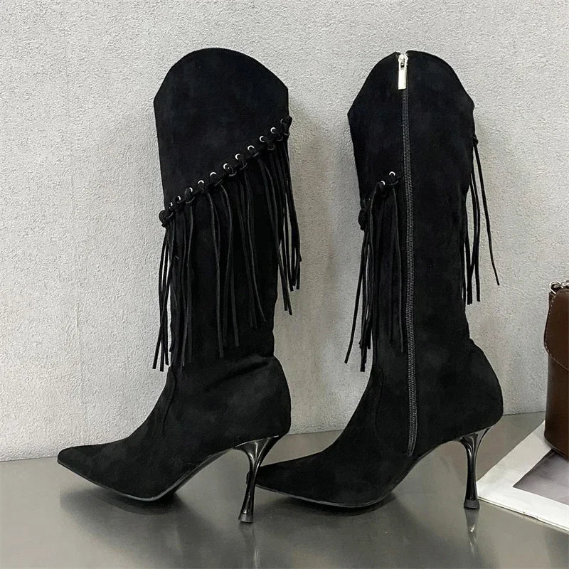 Fringe Thin High Heels Knee-High Boots