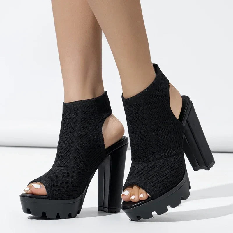 Stretch Fabric Square High Heels Shoes