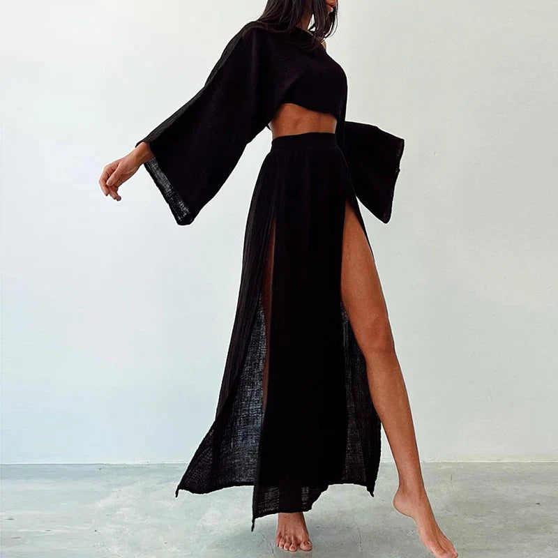 Linen Flare Sleeve Top & Slit Skirt Set