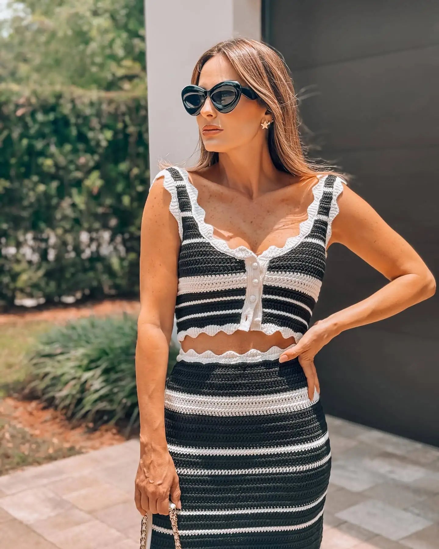 Striped Contrast Knitted Top and Long Skirt Set