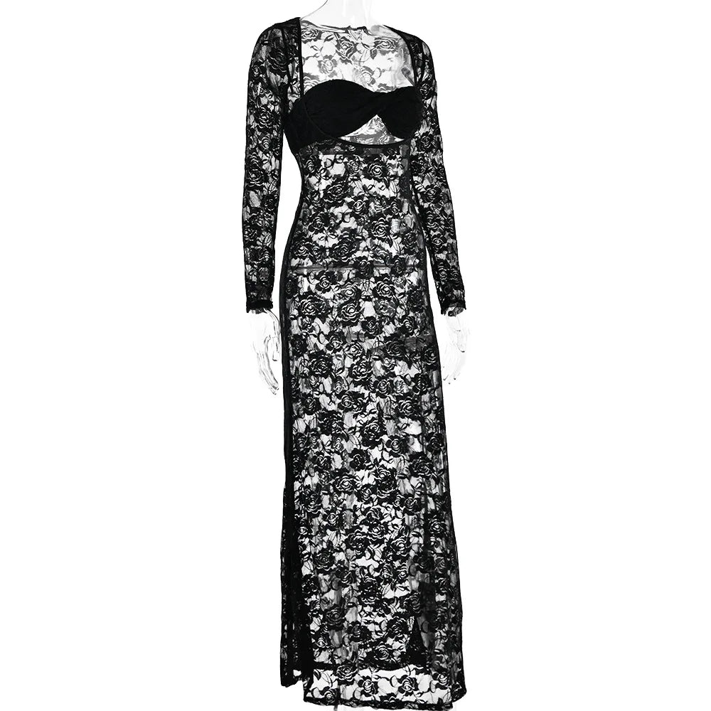 Perspective Lace Hollow Out Bodycon Maxi Dress