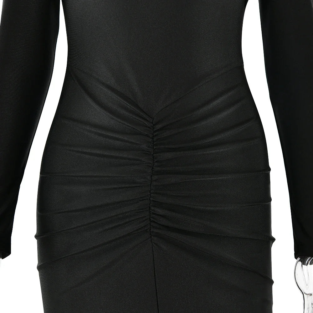 Long Sleeved Pleated Hollowed Out Maxi Dress