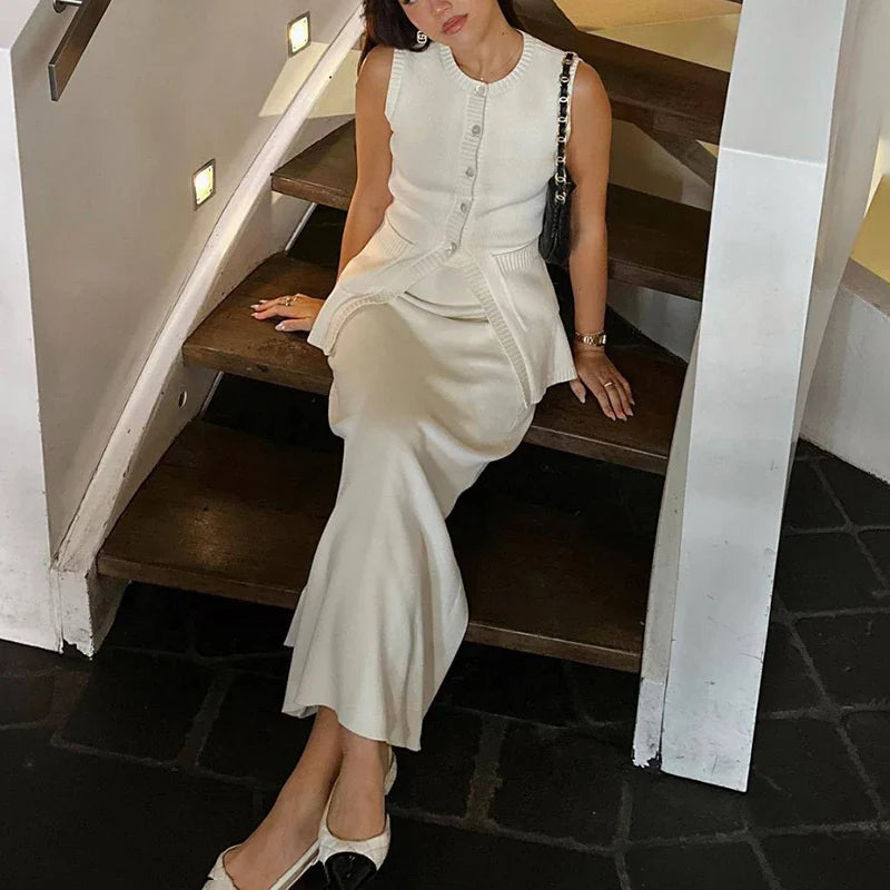 Knitted Sleeveless Top Slit High Waist Long Skirt Suit