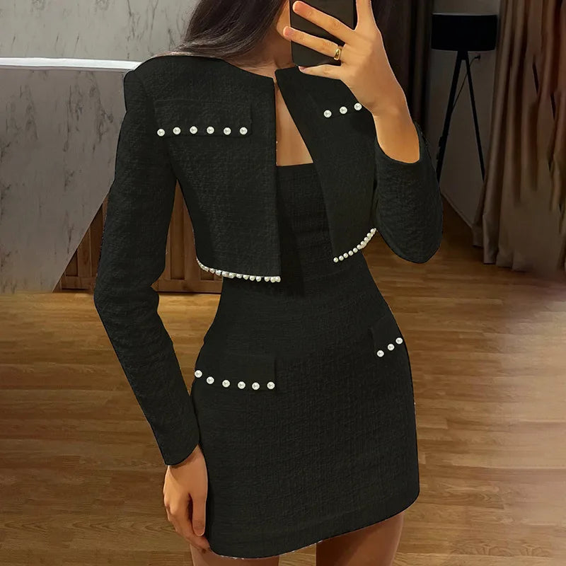 Pearl Long Sleeve Coat And Mini Strapless Dress Sets