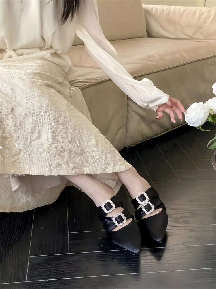 Satin Narrow Band Buckle Women's Slippers Pumps