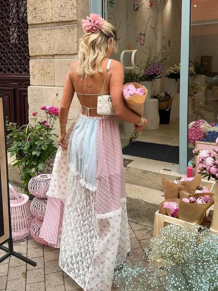 Lace Patchwork Halter Maxi Dress