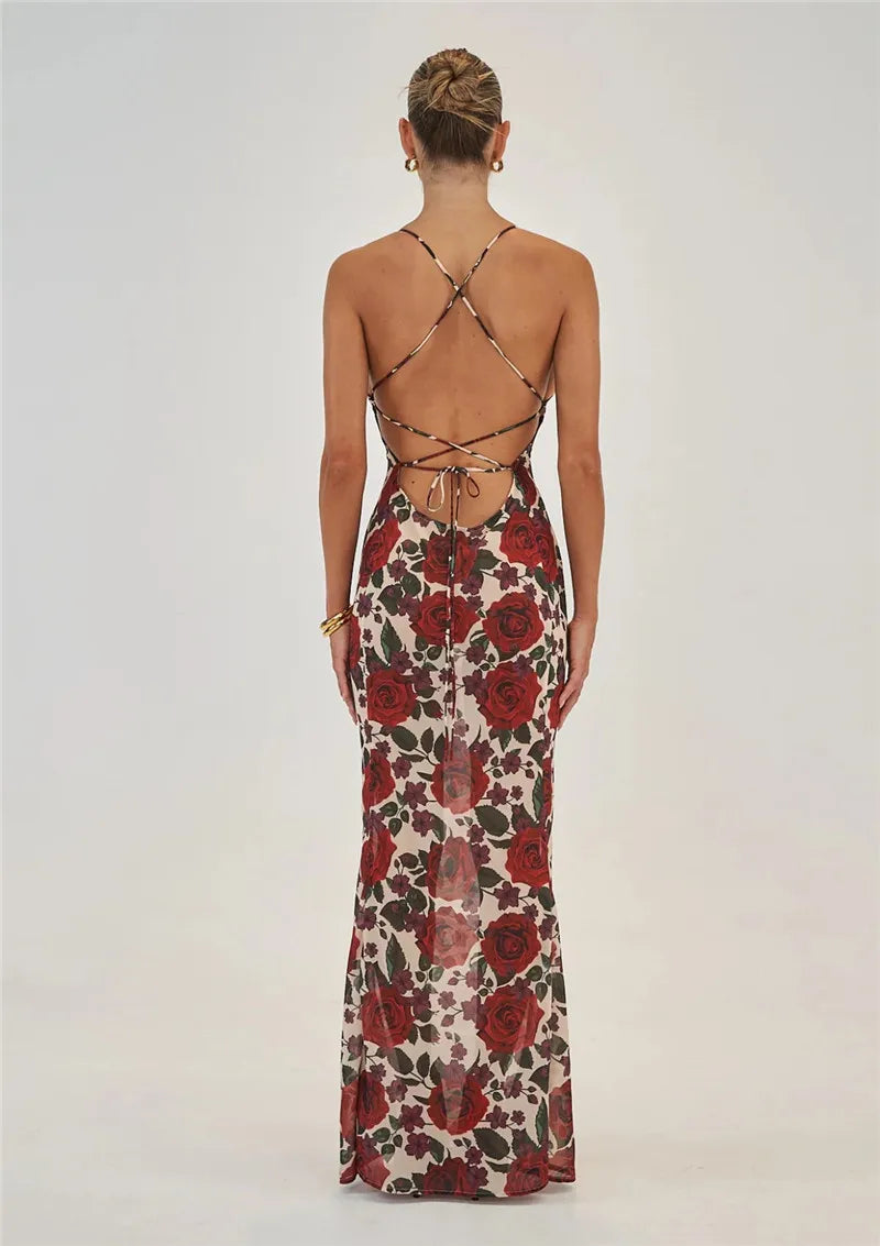 Red Floral Maxi Dress with Cowl Neck & Tie Back