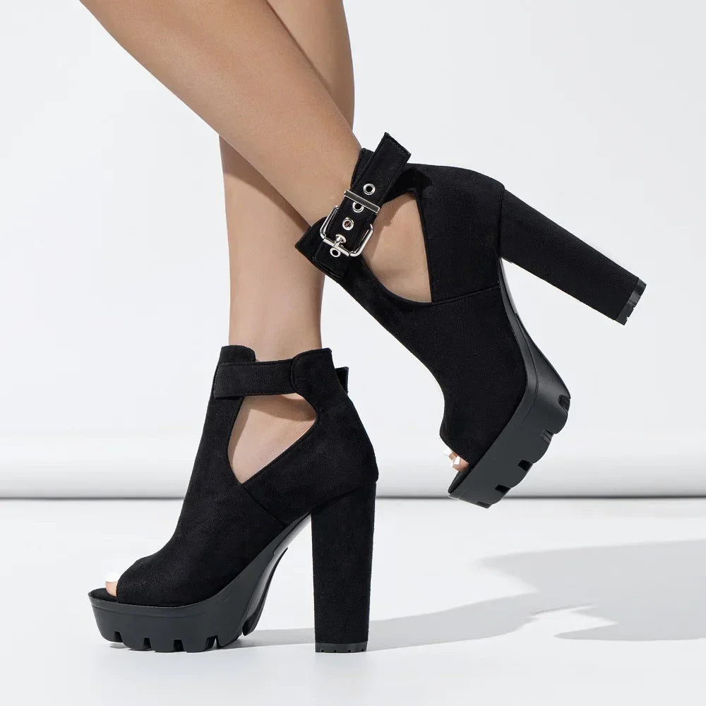 Buckle Strap Platform Square High Heel Shoes