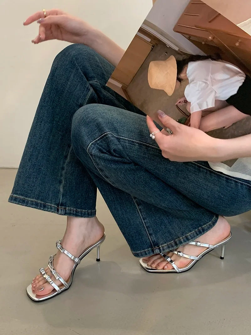Leopard Narrow Band Thin Low Heels Sandals