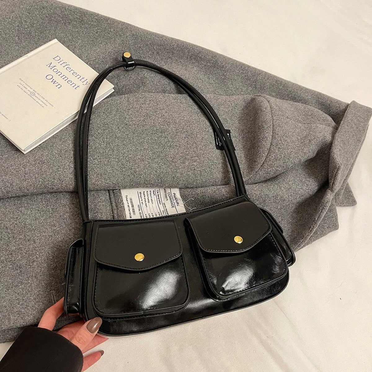 Faux Leather Small Double Pockets Underarm Bags