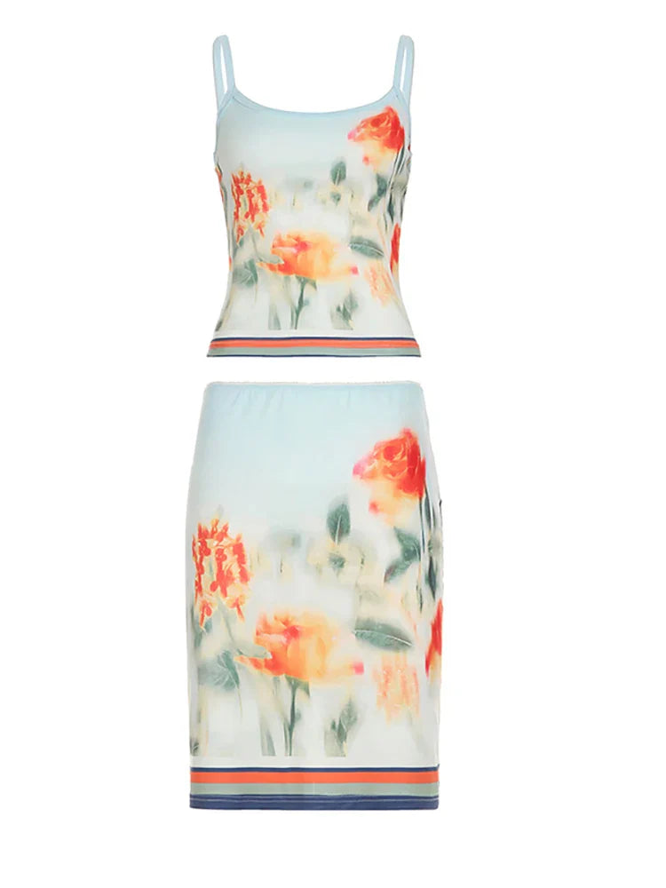 Print Floral Spaghetti Strap Top Mini Skirt Set