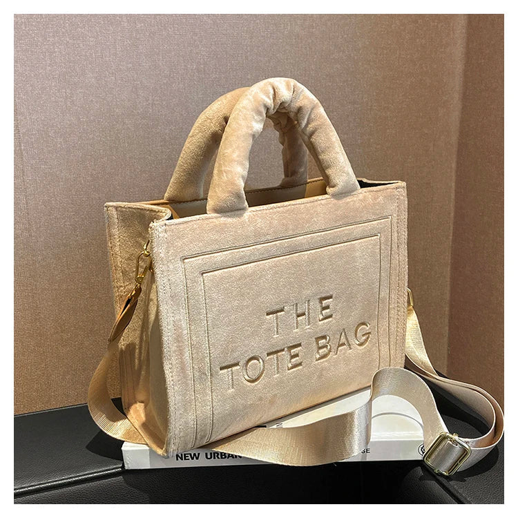 Square Velour Tote Bag with Letter Print