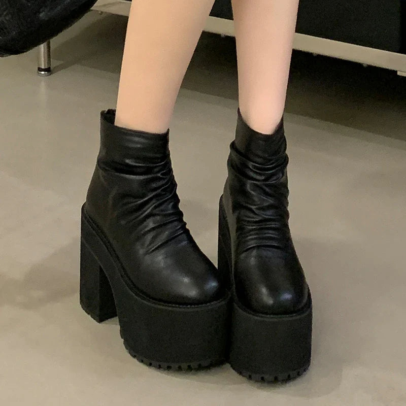 Pleated Platform Square High Heels Zipper Boots