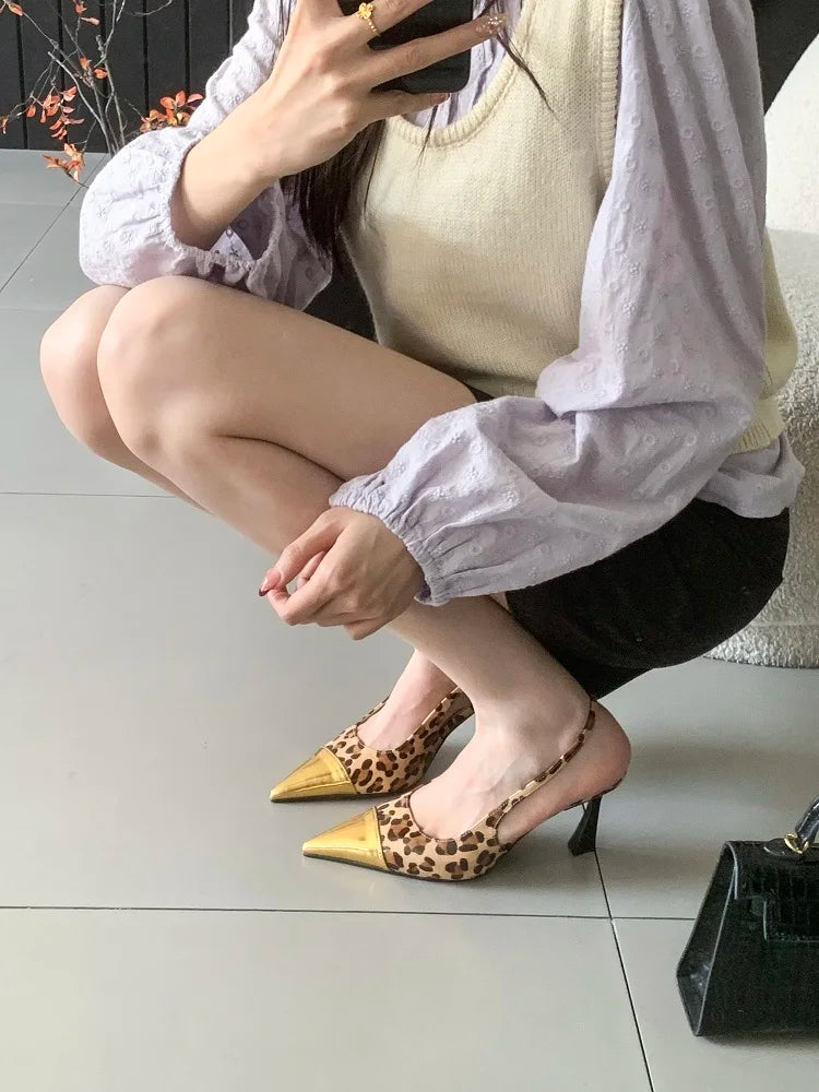 Splicing Pointed Toe Thin Low Heels Mule Shoes