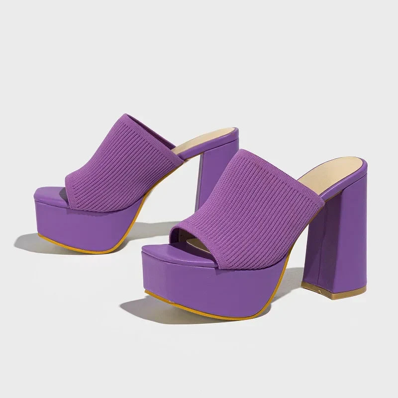 Stretch Fabric Square Toe Platform High Heels Sandals