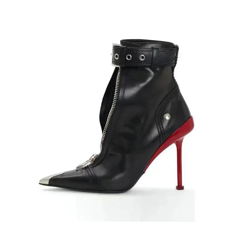 Belt Buckle Front Zipper Pointed Ankle Boots