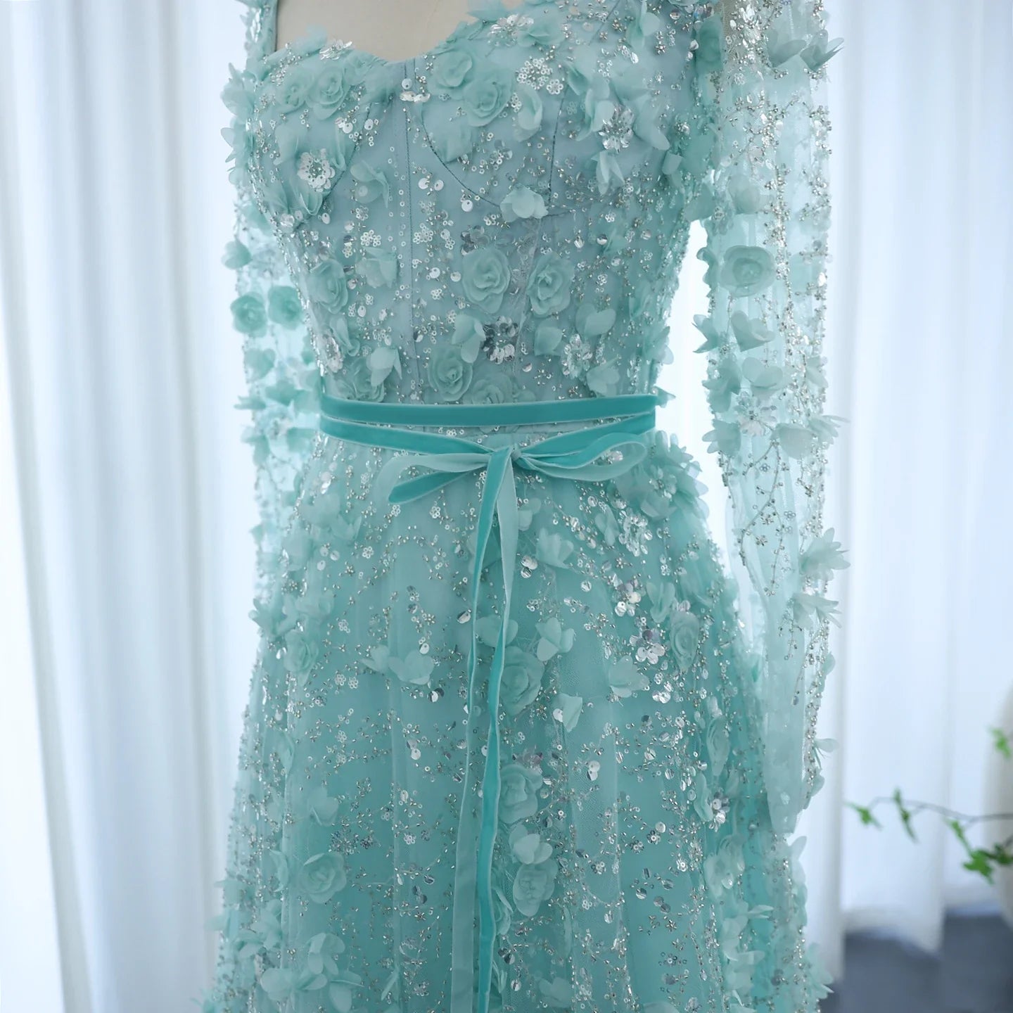 3D Floral A-Line Evening Gown Long Sleeves