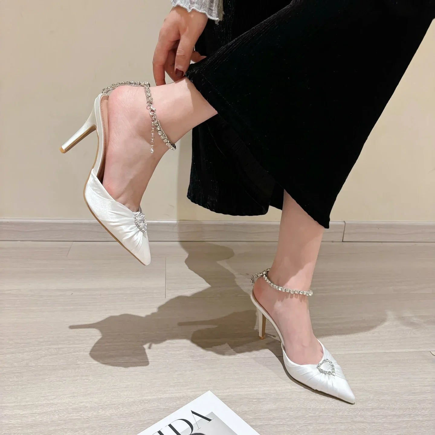 Crystal Buckle Strap Pointed Toe Pumps Shoes