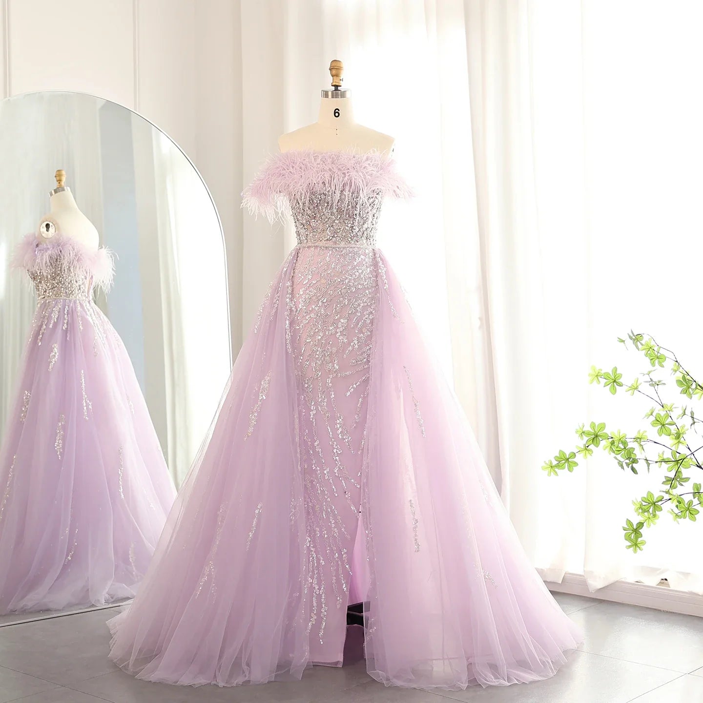 Feathers Off-shoulder Side Slit Overskirt Party Dress