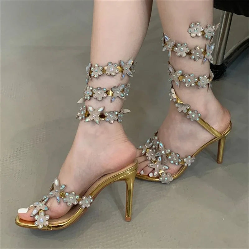 Flower Crystal Rhinestone Ankle Strap Banquet Shoes