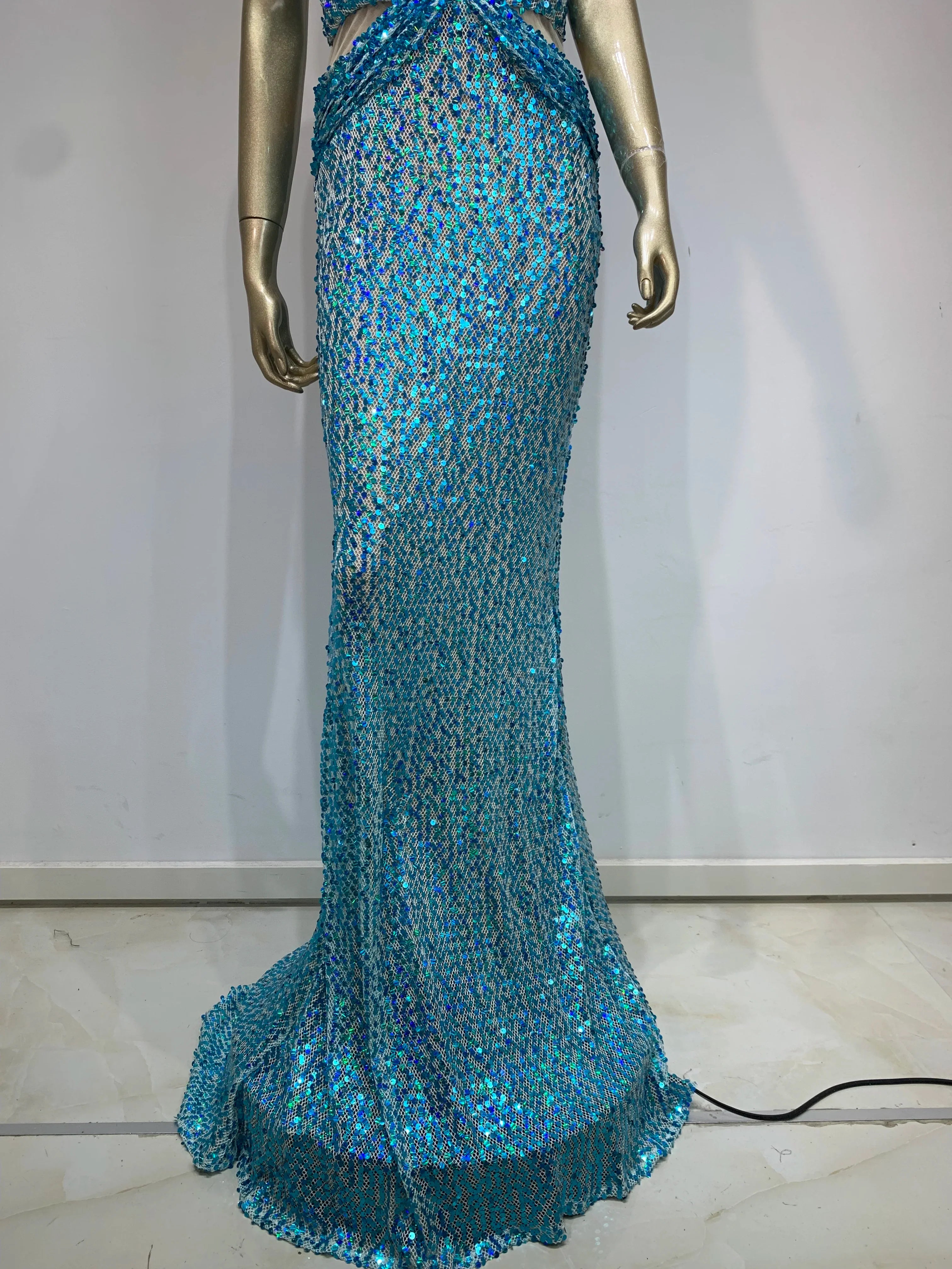 Halter Blue Sequins Sparkly Glitter Maxi Dress