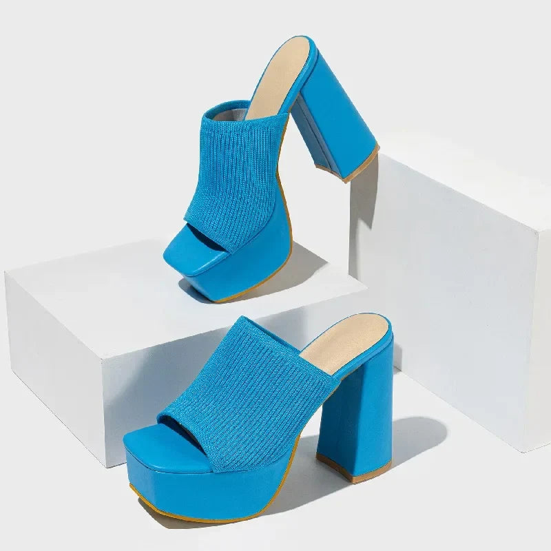 Stretch Fabric Square Toe Platform High Heels Sandals
