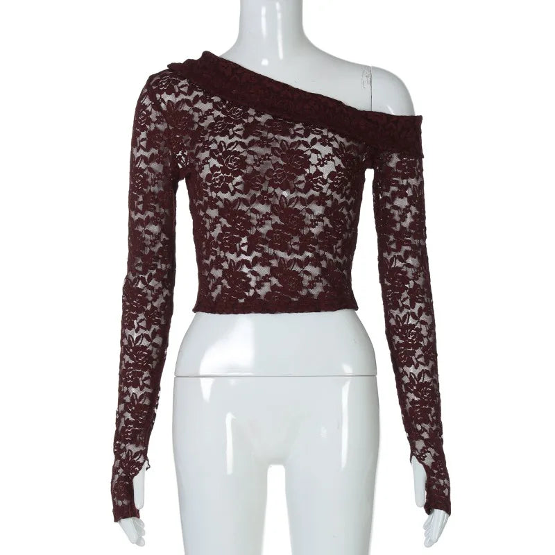 Lace Hollow Out Off-Shoulder Solid Tee