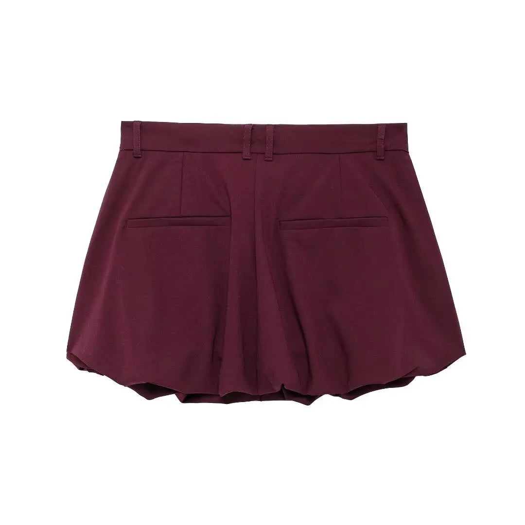 Zipper Lapel Burgundy Color Jacket and Skirt Suit